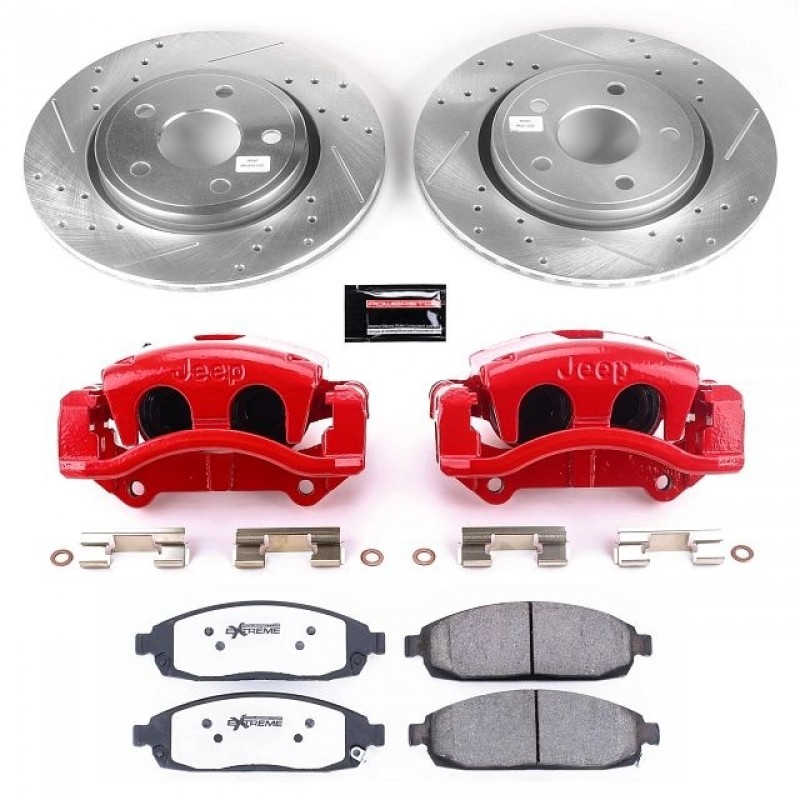 Power Stop Front Z26 Street Warrior Brake Pad and Rotor Kit with Red Powder Coated Calipers and Jeep Logo for 05-10 Jeep Grand Cherokee WK, 06-10 Commander
