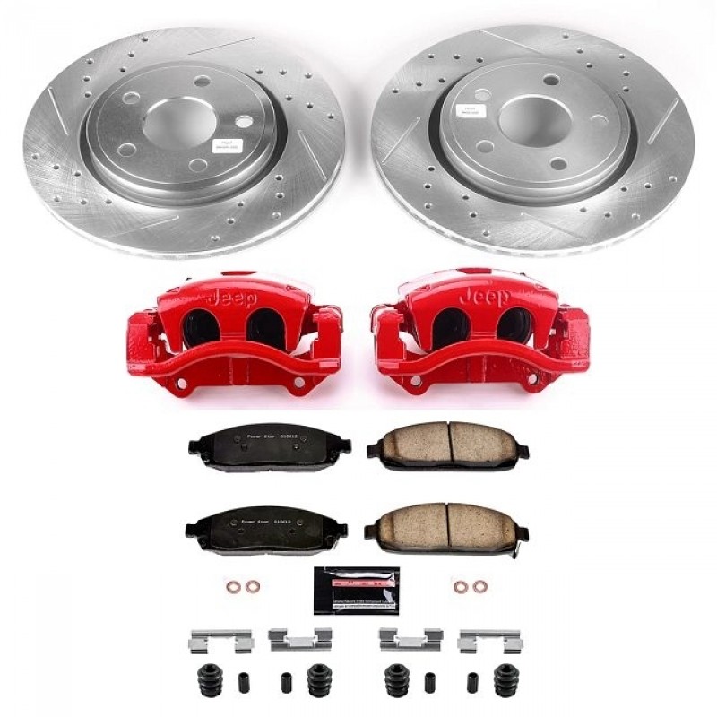 Power Stop Front Z23 Evolution Brake Pad and Rotor Kit with Red Powder Coated Calipers with Jeep Logo for 05-10 Jeep Grand Cherokee WK, 06-10 Commander