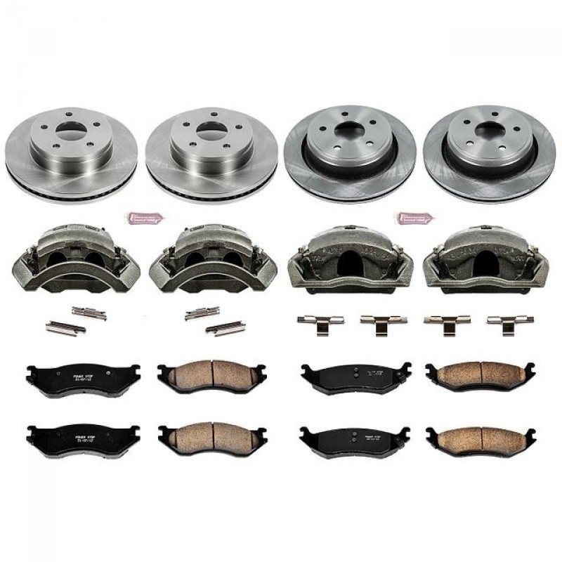 Power Stop Front and Rear Stock Replacement Brake Pad and Rotor Kit with Calipers for 2002 Dodge Ram 1500