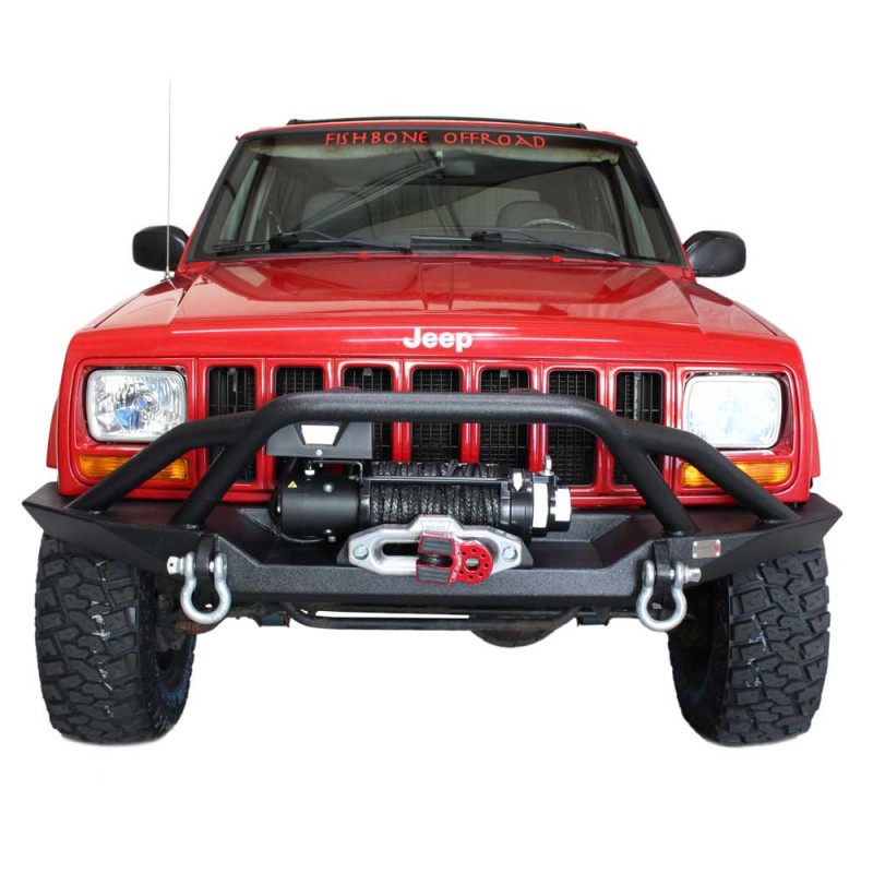 Fishbone Bullhead Front Winch Bumper with Grille Guard and D-Rings, Steel - Textured Black