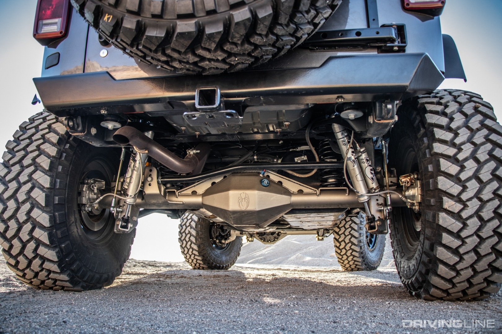 Lower back shot of Jeep axles and tires.